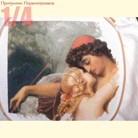 Вышивка  - ткань: Аида 20 ct, техника: крестик в 2 нитки <br>Автор вышивки:  Анастасия Шамина (mosikan)<br>Программа Первоотшивов 2013, приз 1/4 работы