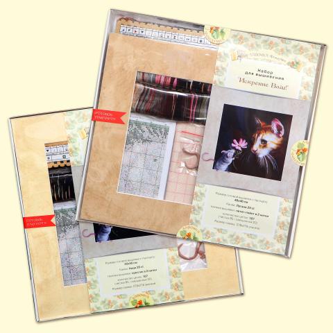 Наборы содержaт схему на бумаге, ткань (25 или 20 ct), нитки DMC разобранные на органайзерах по  символам, 2 иглы для вышивания, пластиковые объемные детали (лапки, хвостик), паспарту для  оформления вышивки